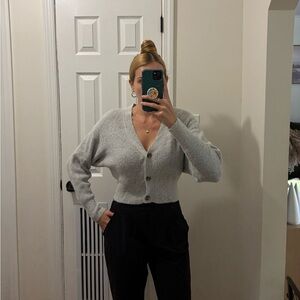 Garage cropped heathered grey buttoned cardigan sweater